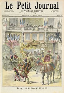 Otsikkosivu, joka kuvaa keskipaaston paraatia Petit Journalin toimistojen edessä, kuva Le Petit Journalin kuvitetusta liitteestä, 2. huhtikuuta 1892
